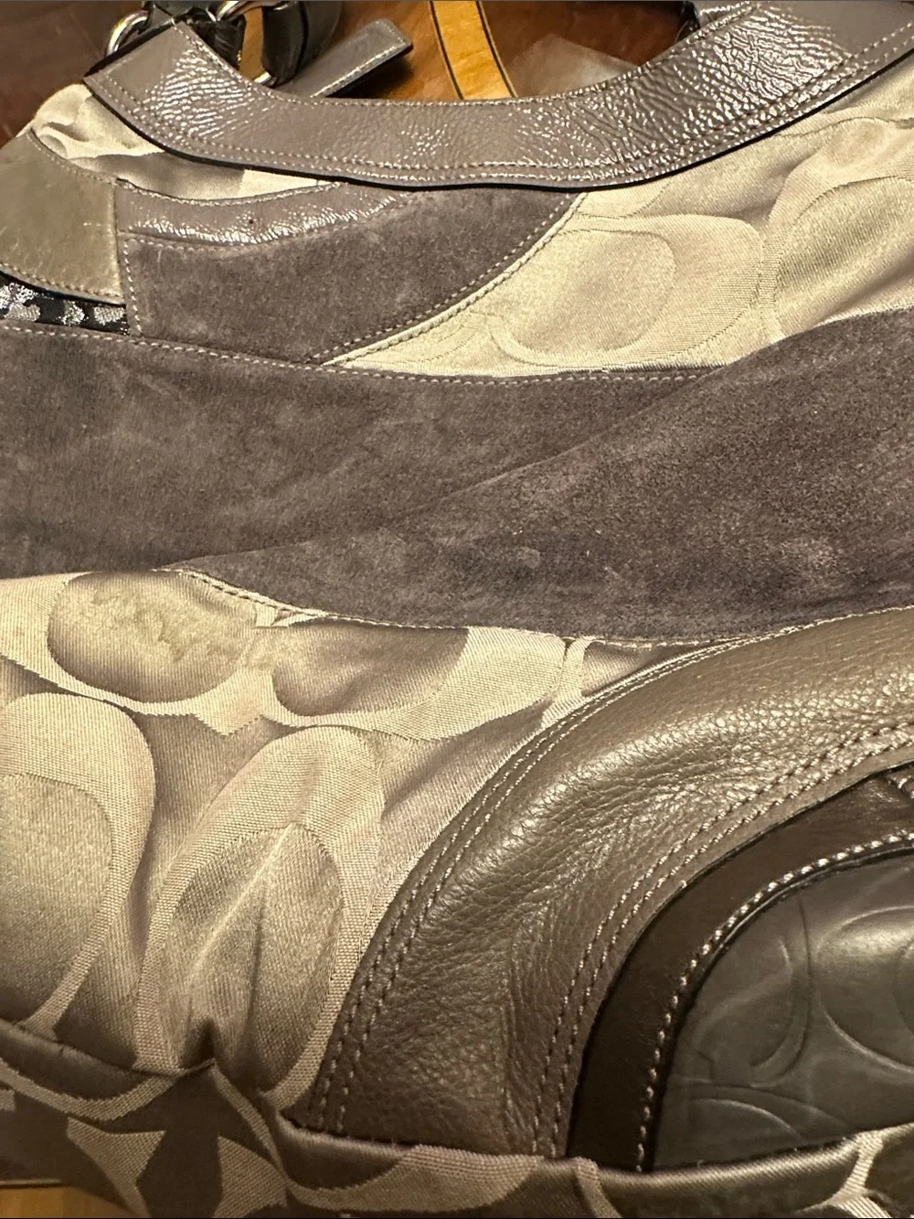 Like new, Coach Gray and Taupe Patchwork Hobo Bag